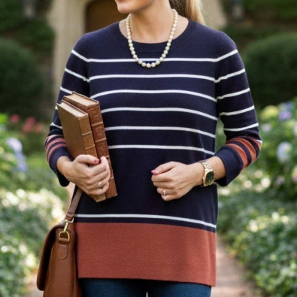 NWT Cleo XS Neutral Stripe Relaxed Fit Business Casual Preppy Knit Tunic Sweater